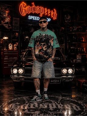Godspeed Graphic Short-Sleeve Shirt in Teal and Black